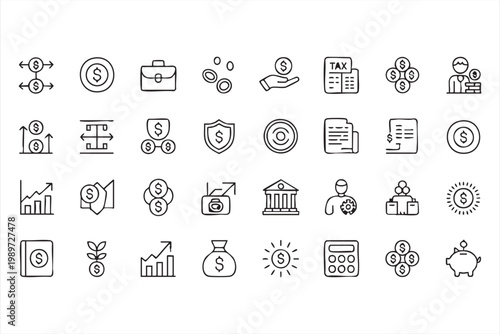 Finance icons, money investment banking symbols, tax accounting and profit UI set