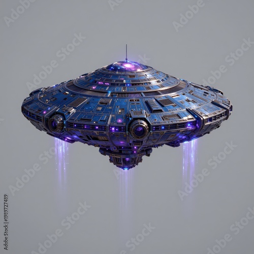 Futuristic Spaceship Hovering with Glowing Purple Engines