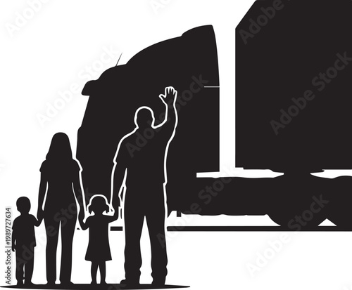 Family silhouette waving goodbye to truck driver father leaving for long distance commercial transport delivery logistics work.