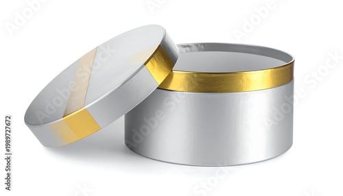 An open round box with a lid angled to the side. The box has a metallic silver finish with gold accents