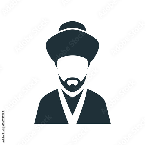 Historical figure wearing traditional turban and beard with a high-collared garment