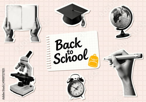 back to school concept set alarm clock graduation cap globe book in hands microscope pencil cut-out dotted halftone education learning collage elements on notebook paper background