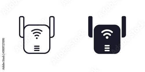 WiFi extender icon, internet signal booster line and solid design