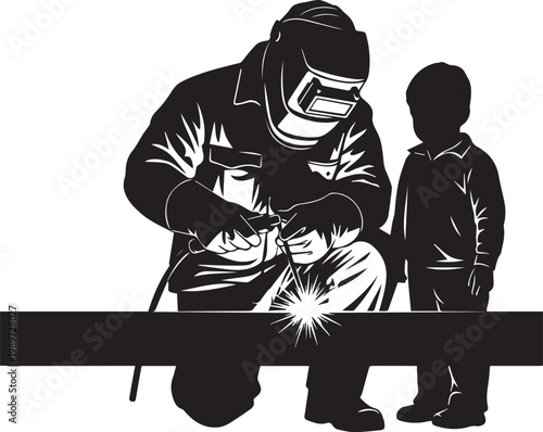 Welder and young child silhouette illustration, showing sparks from welding torch with father figure and boy on transparent background.