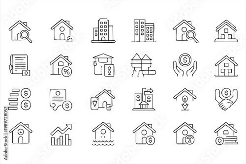 Property icons, real estate home symbols, investment rent sale and valuation UI