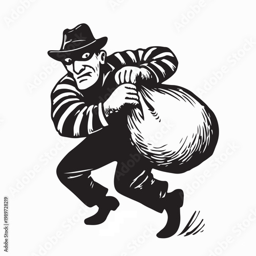 Criminal Thief Character Escaping With Sack Vector Illustration