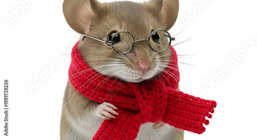Cute mouse wearing red scarf and glasses