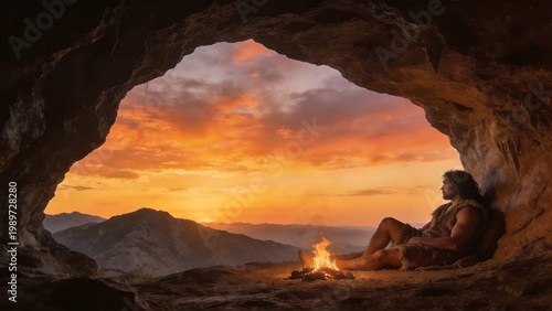 Cave dweller by campfire at sunset