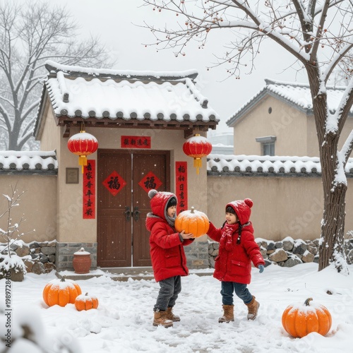 Two Children in Red Winter Coats Holding Pumpkins in Snowy Courtyard