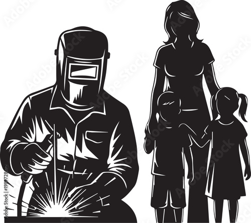 Welder with family silhouette illustration, sparks from welding torch, wife and children on transparent background.