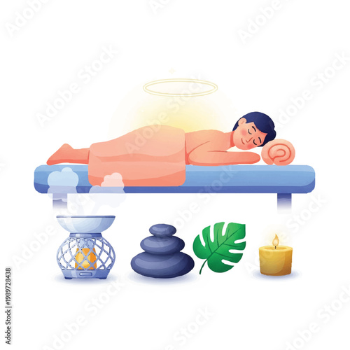 Person receiving a relaxing spa massage treatment with aromatherapy and hot stones.