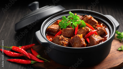 A delicious beef stew is presented in a black ceramic pot with red chili peppers and parsley garnish on a wooden board, appetizing and ready to be served.