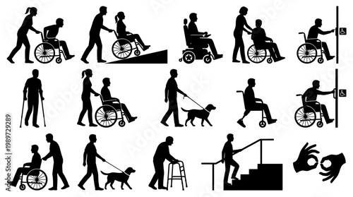 Disability Accessibility Icons: Wheelchair, Cane, Guide Dog, Stairs, Sign Language