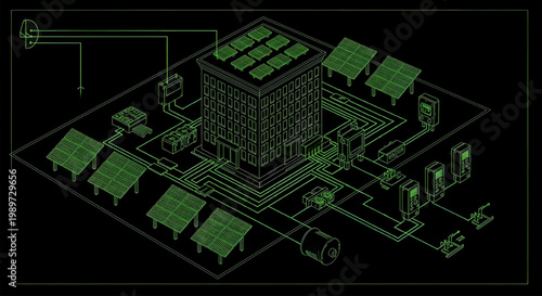 Office Building Solar Power Generation System Blueprint Vector – AutoCAD Commercial Renewable Energy Diagram Green Outline on Black Background