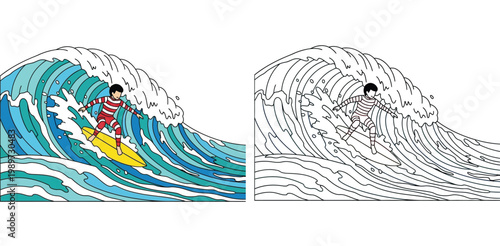 Surfing coloring page. Surfer riding a large ocean wave vector illustration. Colored and black and white line art bundle for kids activity book.