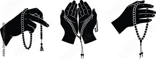 Praying hands silhouette with rosary beads isolated on transparent background