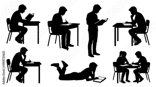 silhouette of students studying and reading in various positions