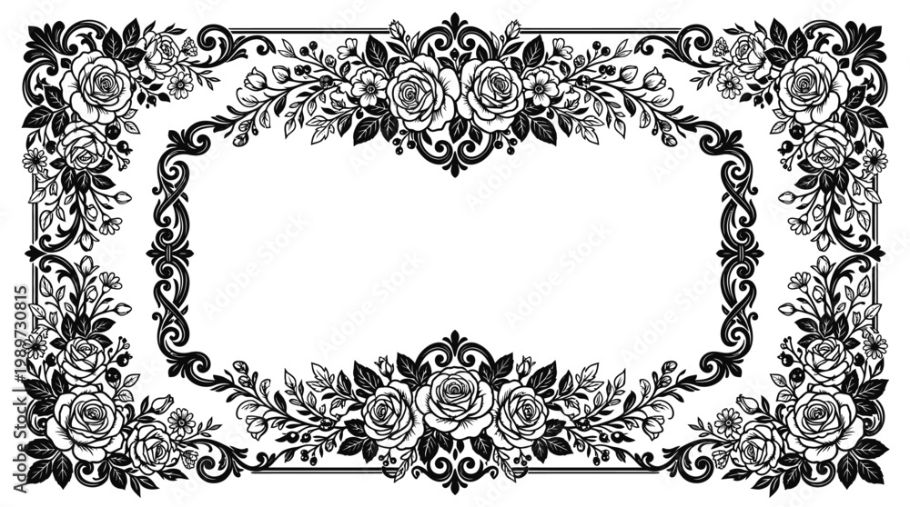 Obraz premium Ornate Floral Border Frame with Roses and Leaves - Black and White Vintage Design