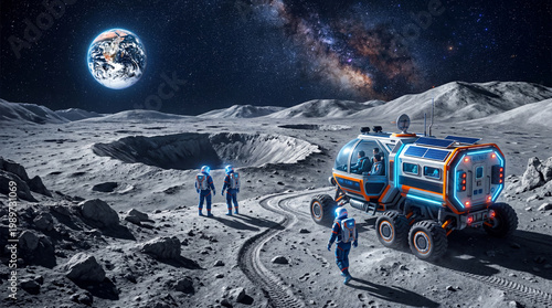 Astronauts Exploring Lunar Surface With Moon Rover Vehicle Mission on Celestial Background Featuring Earth Rise and Milky Way Galaxy Stars