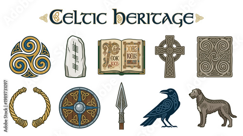 Fotografía Collection of Celtic Heritage Symbols and Artifacts.
