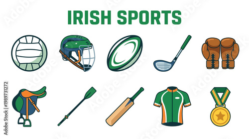 Collection of Irish Sports Equipment and Symbols.