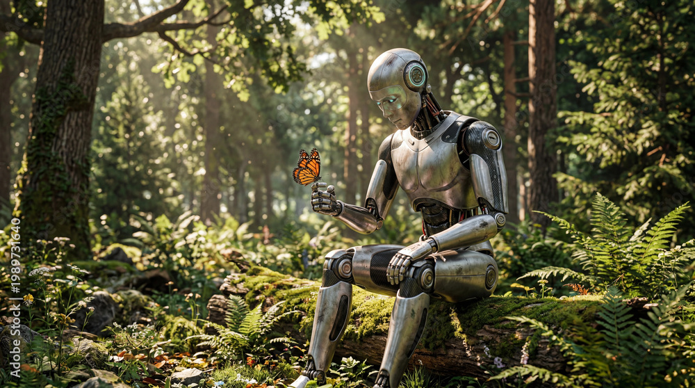 Fototapeta premium Humanoid Robot Nature Forest Butterfly Peaceful Coexistence 