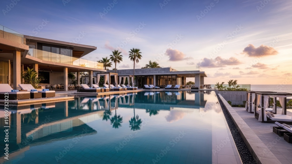 Fototapeta premium A luxurious modern villa with a large swimming pool at sunset