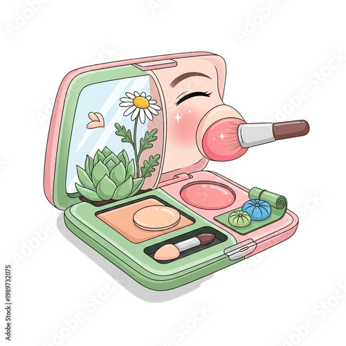 Creative makeup palette with natural elements and brush.