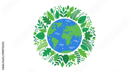 Earth surrounded by green leaves symbolizing environmental conservation