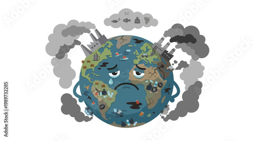 Sad Earth surrounded by pollution and industrial smoke