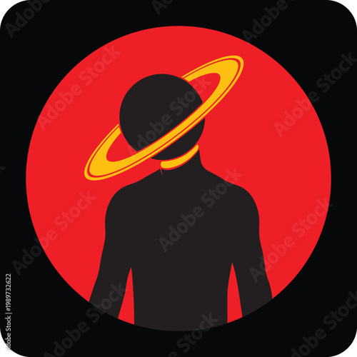 Silhouette of a person with a halo ring around their head on a red circle