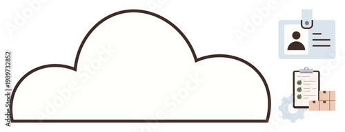 Cloud storage, data management, logistics, identity verification, task tracking, and automation. Large cloud shape with ID card, checklist gears and packages. Cloud storage and data management