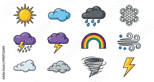 Colorful weather icons depicting sunshine clouds rain rainbows and storms