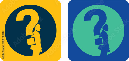 Two icons with a silhouette of a person holding a briefcase next to a question mark, symbolizing uncertainty.