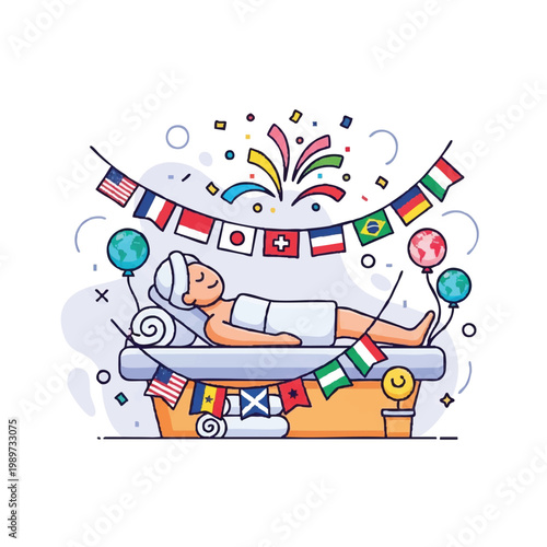 Person relaxing on spa bed with international flags and confetti.
