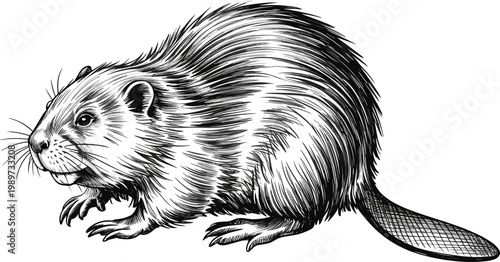 Detailed beaver illustration in vintage engraving style, wildlife rodent drawing, realistic fur texture, black and white hand drawn animal isolated on light background