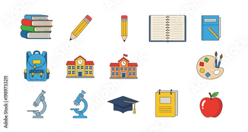 Colorful illustration depicting various school supplies buildings and academic objects