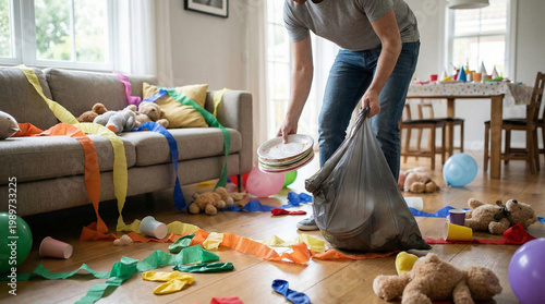 Man cleaning up after kids' birthday party at home in messy living room  