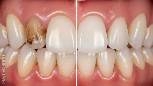 Close up of human teeth showing slight discoloration and dental hygiene