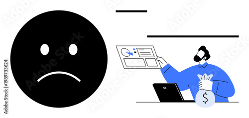 Fraud prevention, financial security, online scams, identity theft, cybercrime, financial loss. Sad face icon alongside a businessman holding money and analyzing online data. Fraud prevention