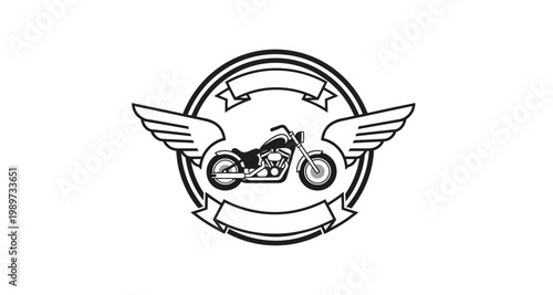A black and white circular emblem featuring a motorcycle with spread wings