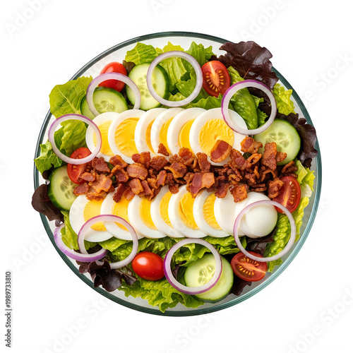 Fresh chef salad with boiled eggs bacon and vegetables in a bowl transparent background