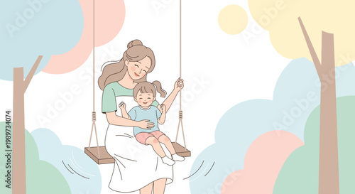 Mother and daughter sitting on a wooden swing in a park