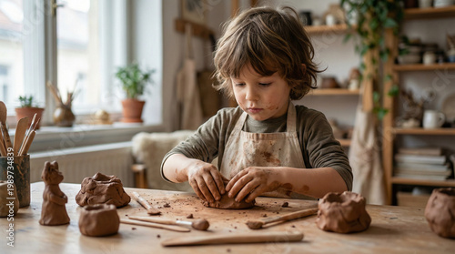 Child making shapes with warm clay in a cozy indoor workshop  