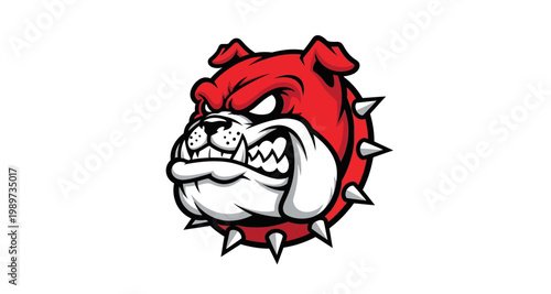 A fierce cartoon bulldog head with red skin and sharp spikes is prominently displayed