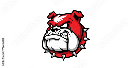 A fierce red bulldog head illustration with white markings and spiked collar