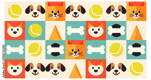 Colorful pattern featuring cartoon dogs cats tennis balls and bone shapes