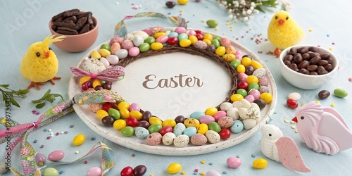 Colorful Easter candy wreath decorated for spring festivities with space for text