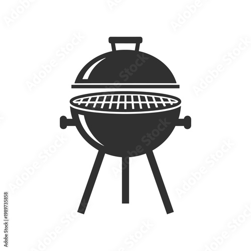 Classic black dome-style charcoal grill with open lid and three legs