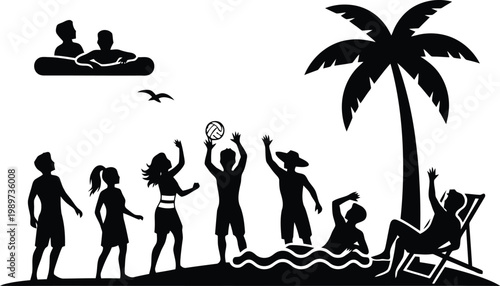 Beach party with people playing volleyball and relaxing under palm tree silhouette.
